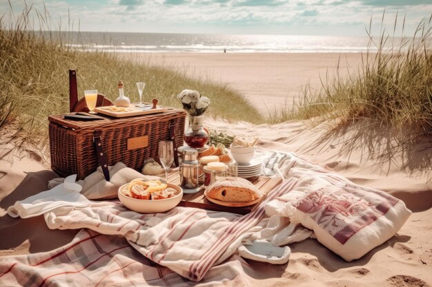 stock photo de pique-nique avec vue sur la plage pleine de détails Generative AI