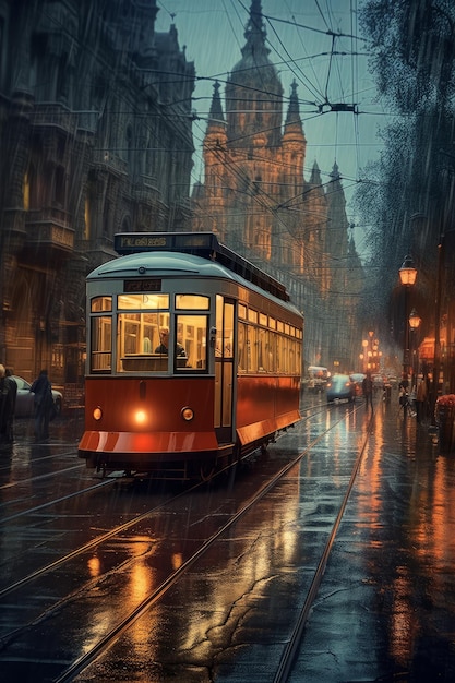 Stock photo d'un tram sous la pluie