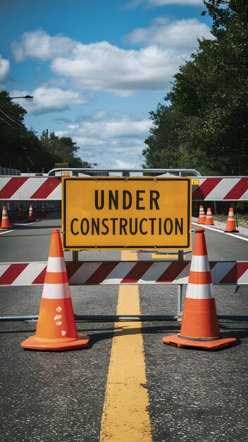 Photo stockimage barrier with under construction sign and road cones signaling work in progress vertical m