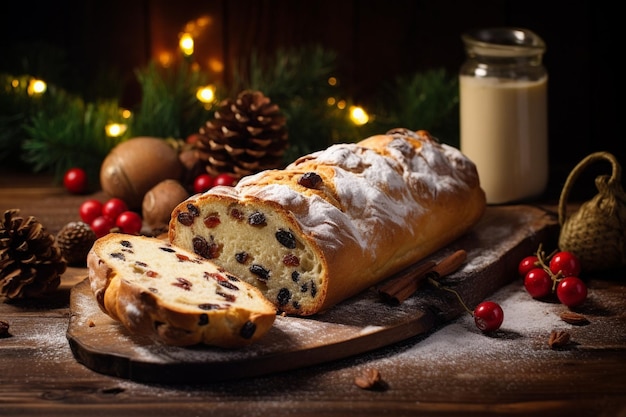 Stollen de Noël sur un fond rustique dessert traditionnel de pâtisserie festive de Noël allemand