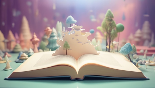 Photo a story book opened with the image of the story on top of the book in 3d pastel color blurred backg
