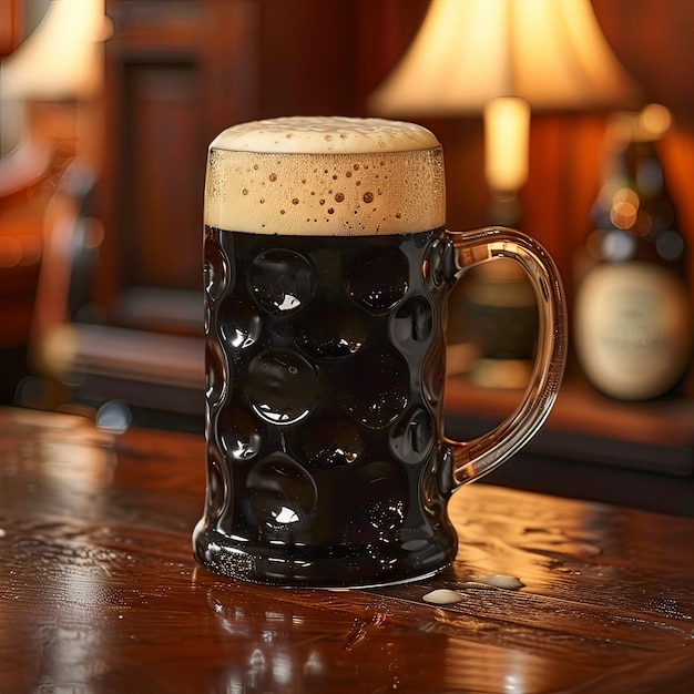 Photo stout irlandais traditionnel dans une bière stein dans un vieux pub en bois