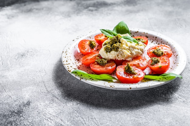 Stracciatella (mozzarella buffalo) sur une petite assiette servie avec des tomates fraîches et du basilic. Fond gris. Espace pour le texte