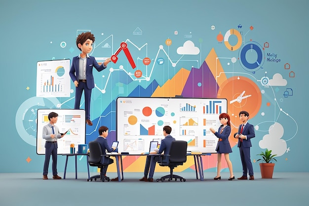 Stratégie d'analyse de grandes données Concept d'analyse marketing avec des gens d'affaires Caractères travaillant ensemble avec des diagrammes