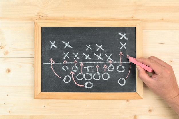 Photo stratégie d'un match de football sur un tableau noir. la main de l'entraîneur à la craie rouge dessine un plan d'attaque