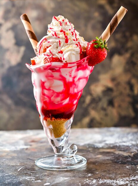 Strawberry Shortcake Sundae expédié shake à la crème avec de la paille servi dans un verre isolé sur un fond sombre vue latérale d'une boisson saine