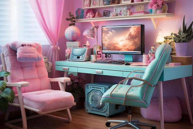 Streamer Retro PC salle de jeu filles avec une illustration de configuration de PC vintage décor de fond tendance.