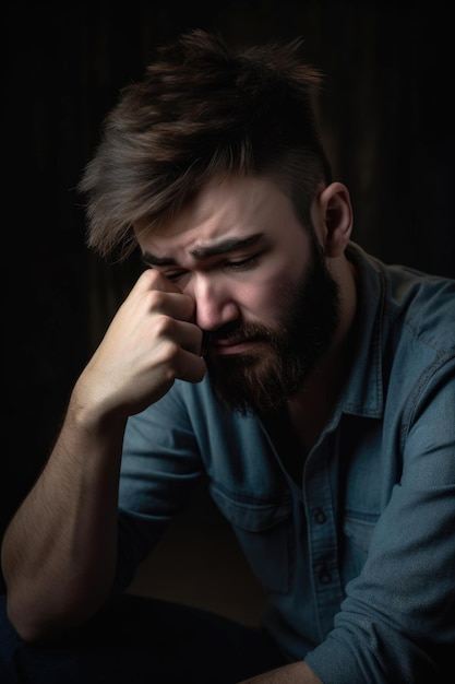 Le stress, la dépression et l'homme avec des maux de tête, des problèmes de santé mentale ou un épuisement créés par l'AI générative.