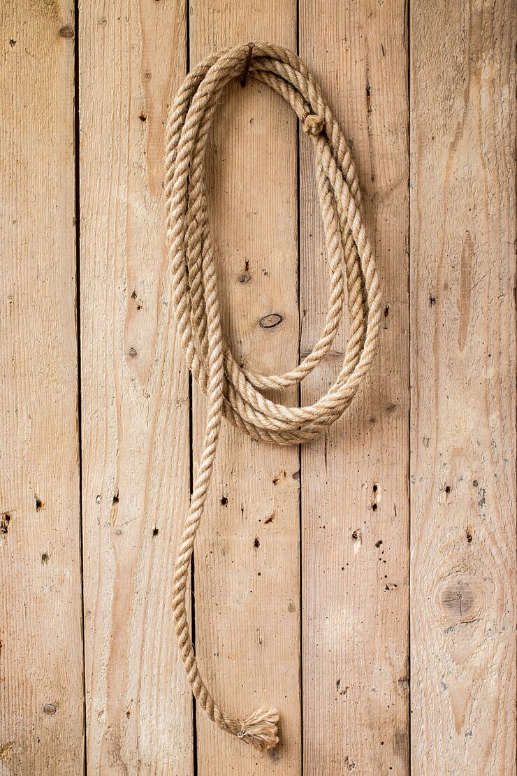 String marron accroché sur un mur en bois