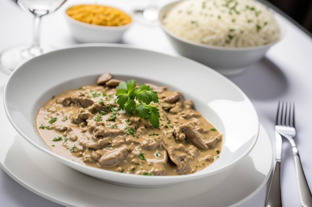 Stroganoff crémeux avec une portion de riz blanc et des frites Viande finement tranchée avec crème sure et sauce aux champignons