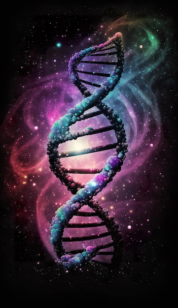 Une structure d'adn colorée avec un fond de nébuleuse.