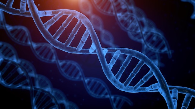Structure de l'ADN humain en spirale bleue de rendu 3D