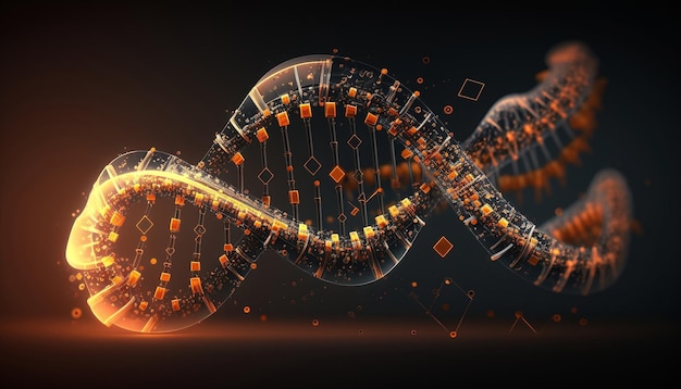 Une structure d'adn de la molécule sur un fond sombre AI généré