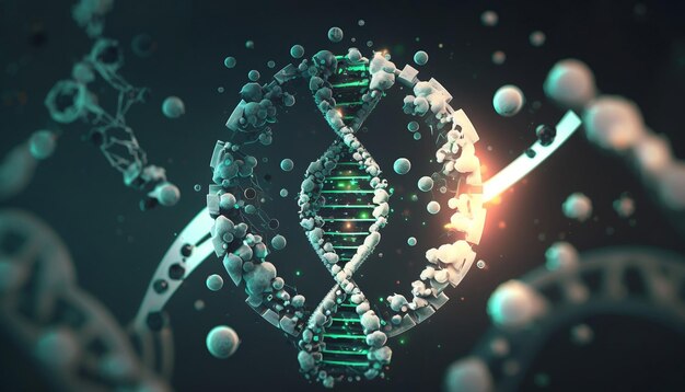 Une structure d'adn de la molécule sur un fond sombre AI généré