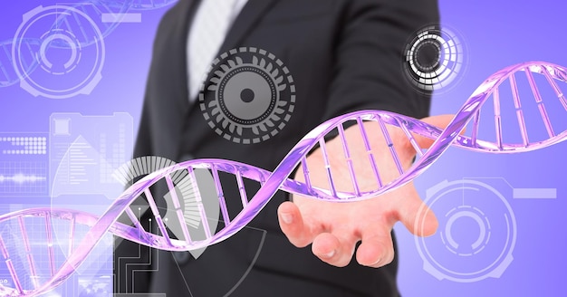 Structure de l'adn et scanners ronds sur la section médiane de l'homme d'affaires avec la main en coupe. concept mondial de technologie commerciale et de recherche médicale