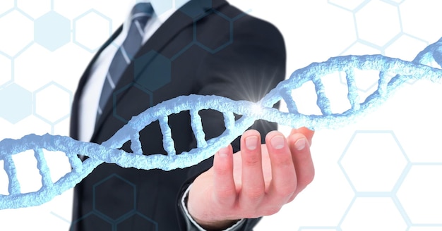 Structure de l'adn et structures chimiques sur la section médiane de l'homme d'affaires avec la main en coupe. concept mondial de technologie commerciale et de recherche médicale