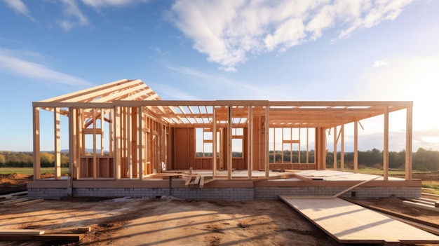 Structure à charpente en bois sur le chantier de construction contre le ciel Maison nouvellement construite zone vide Bâtiment pas encore terminé