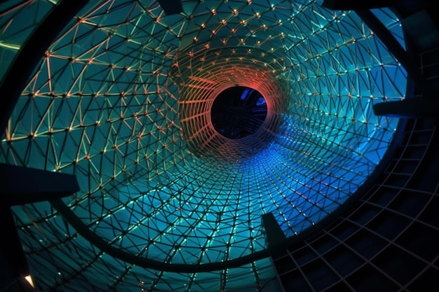 Une structure circulaire avec des lumières dessus et une lumière bleue en bas.