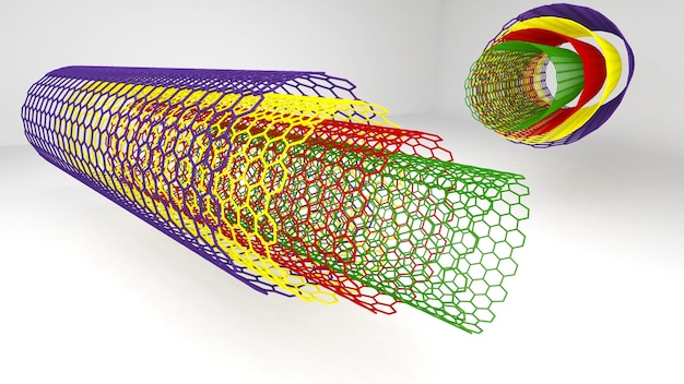 La structure de forme de la nanotechnologie, la nanotechnologie du futur, le nanotube de carbone à parois multiples, le rendu 3d