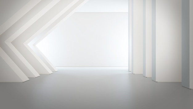 Structure de formes géométriques sur sol en béton vide avec fond de mur blanc dans une grande salle ou salle d'exposition moderne.