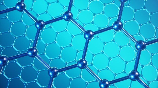 Structure d'illustration 3d de la surface du graphène ou du carbone, gros plan de la forme géométrique hexagonale de la nanotechnologie abstraite, structure atomique du graphène conceptuel, structure moléculaire du graphène conceptuel.