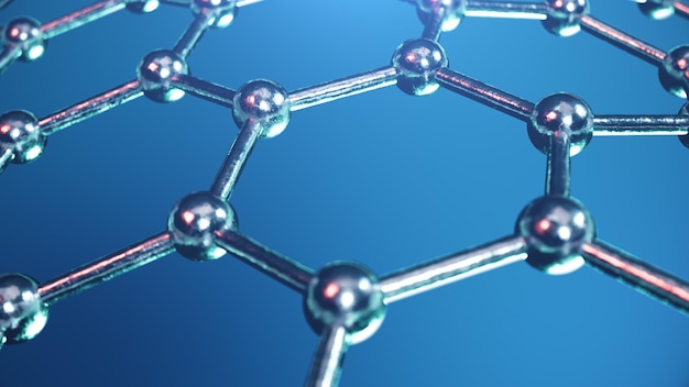 Structure d'illustration 3d de la surface du graphène ou du carbone, gros plan de la forme géométrique hexagonale de la nanotechnologie abstraite, structure atomique du graphène conceptuel, structure moléculaire du graphène conceptuel.