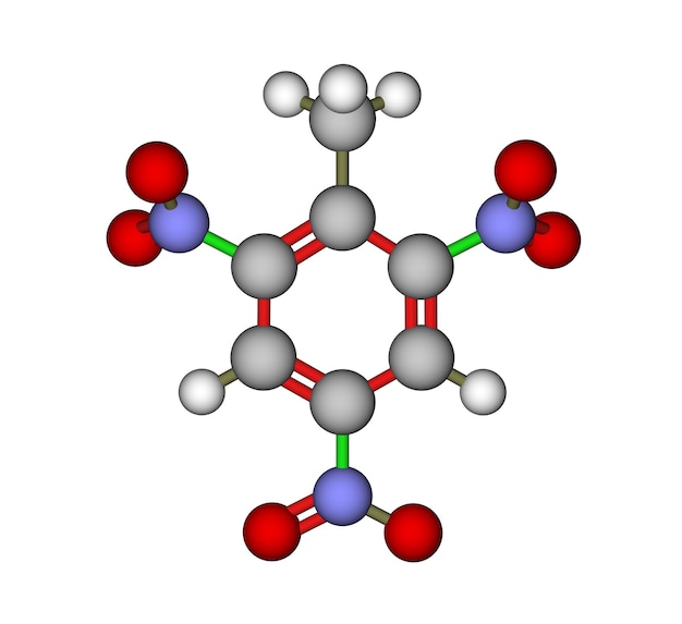 Structure moléculaire calculée et optimisée du 2,4,6-trinitrotoluène (TNT) explosif