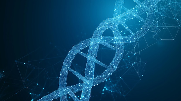 structure d'une molécule d'ADN sur un fond bleu foncé fait d'une ligne de néon de cadre