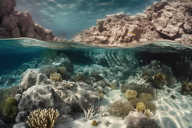 une structure rocheuse peut être vue en arrière-plan de cette scène sous-marine d'un récif corallien