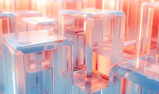 Des structures de cubes de verre futuristes représentant une ville sur un fond bleu vif. Design abstrait de Glassmorphism créé avec des outils d'IA génératifs.