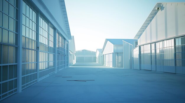 Photo structures industrielles hangars sur fond ciel bleu structures pour l'emplacement de fa ia générative