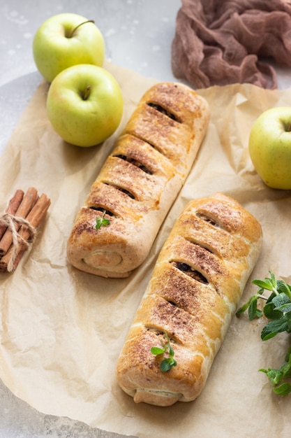 Strudel aux pommes traditionnel avec raisins secs et cannelle sur béton gris