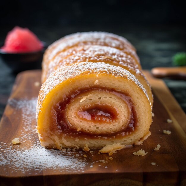 Strudel à la cerise avec de la crème et des fraises sur un fond noir