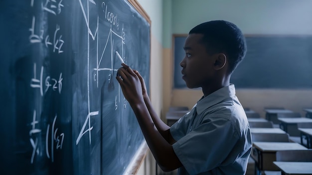 Photo student boy doing math problem on chalkboard