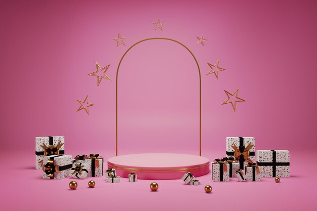 Studio 3D boules d'or étoiles podium circulaire avec coffrets cadeaux noir et blanc à deux faces scène rose
