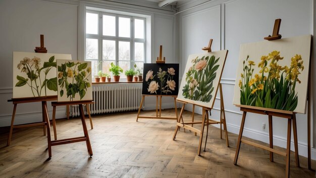 Studio d'art avec chevalets et peintures florales