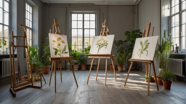 Studio d'art avec chevalets et peintures florales