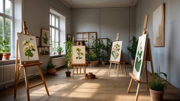 Studio d'art avec chevalets et peintures florales