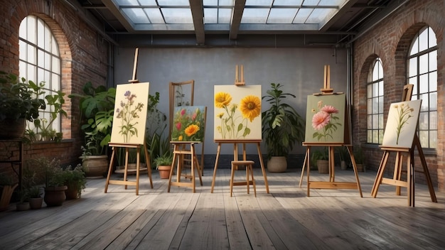 Studio d'art avec chevalets et peintures florales