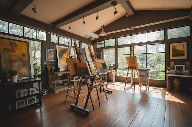 Photo studio d'art avec de nombreux chevalets réglables à la lumière naturelle et des œuvres d'art inspirées du bauhaus exposées