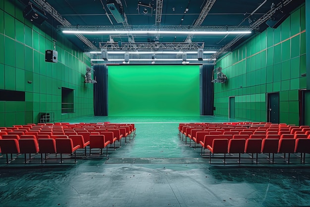 Un studio de cinéma contemporain vide avec un écran vert en arrière-plan