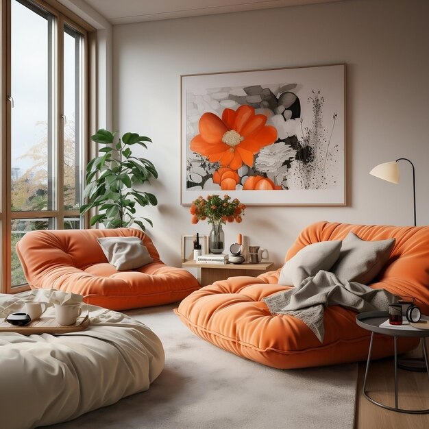 Un studio confortable et serein avec un canapé orange et un salon moderne.