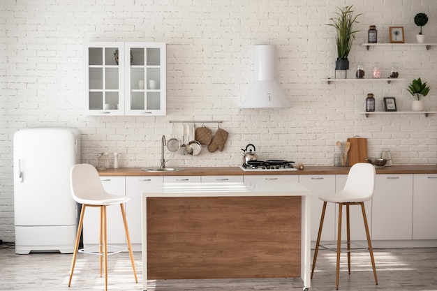 Studio dans le style d'une salle de cuisine blanche est très confortable