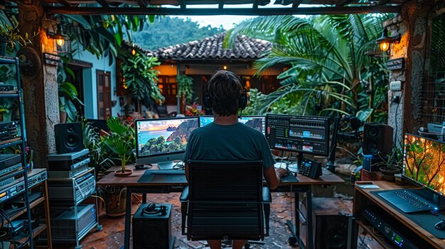 Studio domestique tropical avec une verdure luxuriante et un équipement moderne