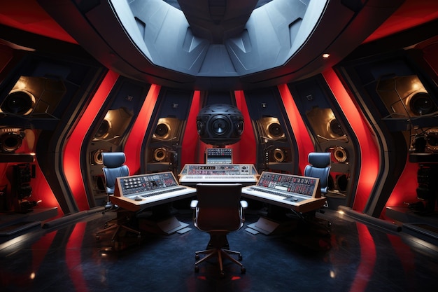 Un studio d'enregistrement conçu pour ressembler à l'intérieur d'un vaisseau spatial généré par l'IA
