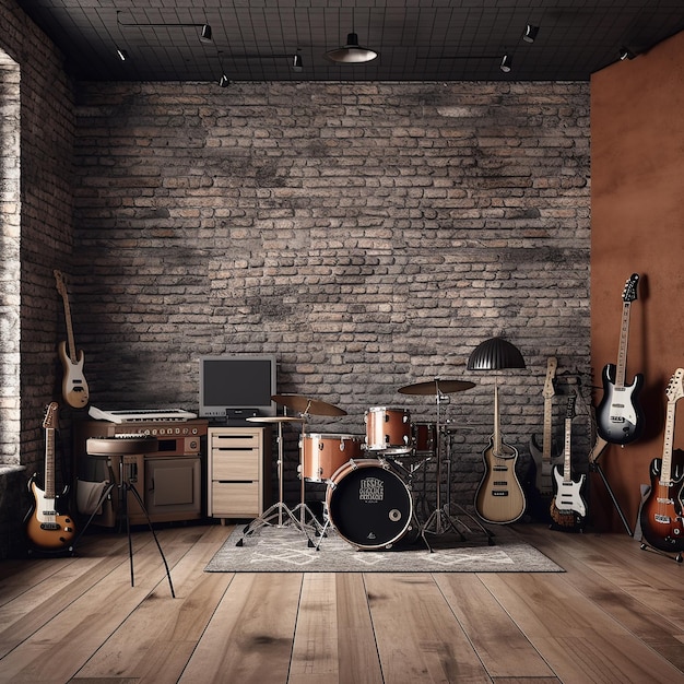 Studio d'enregistrement de musique en bois vide avec guitare et équipement musical généré par l'IA