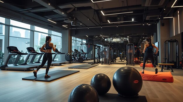 Un studio de fitness vibrant rempli d'individus enthousiastes s'engageant dans divers entraînements rayonnant de motivation et d'énergie