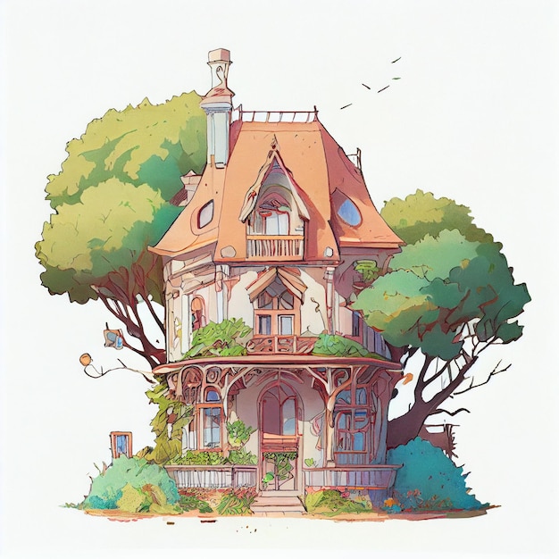 Studio Ghibli House Design Illustration, Tree House, Cartoon Home Design Ideas