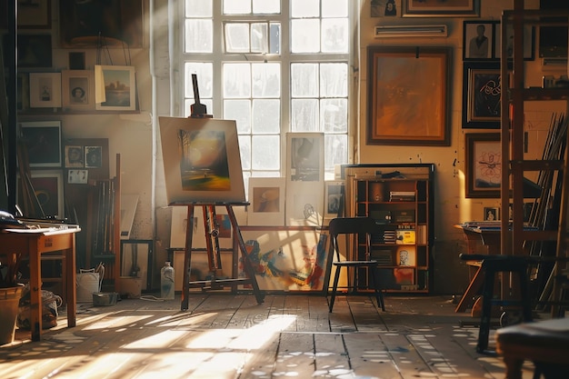 Photo un studio avec une grande fenêtre et une peinture sur le mur