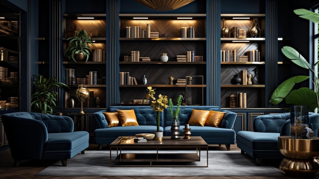 studio de luxe bleu foncé avec or